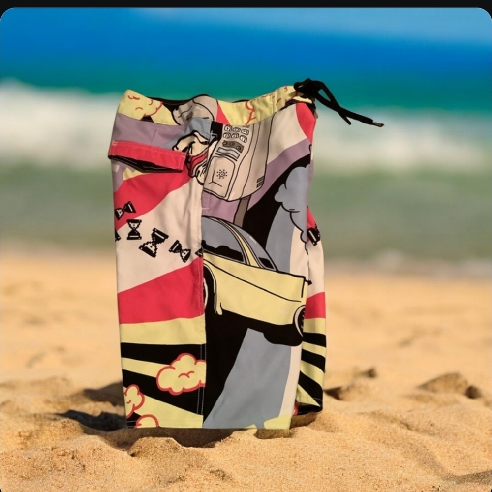 XDYE Board shorts cool artwork 3 pockets black beige yellow pink. Size 2…